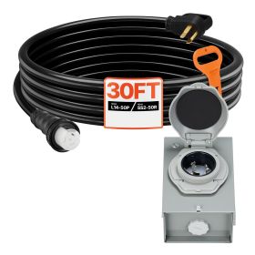 50 Amp Generator Cord and Power Inlet Box, 30FT, 125V/250V STW 6/3 + 8/1 AWG Extension Power Cord, NEMA 14-50P to SS2-50R, Twist Lock Connector
